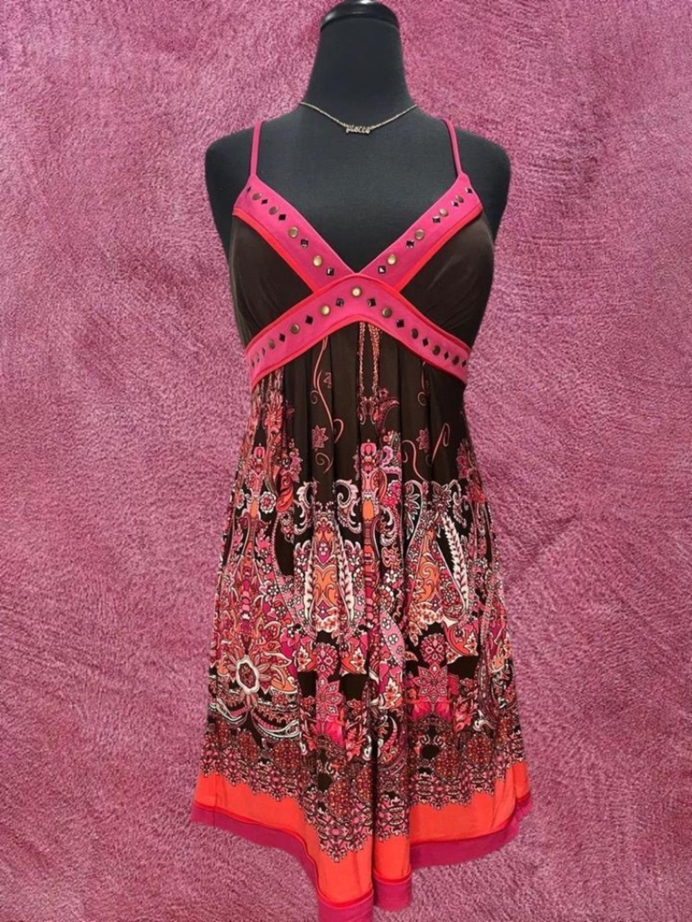 Y2K Style Pink & Brown Paisley Print Dress with Adjustable Straps, Size M
